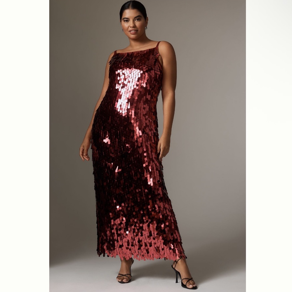 Hutch Sleeveless Sequin Pailette Red Midi Maxi Square Neck Dress size large - Picture 3 of 12